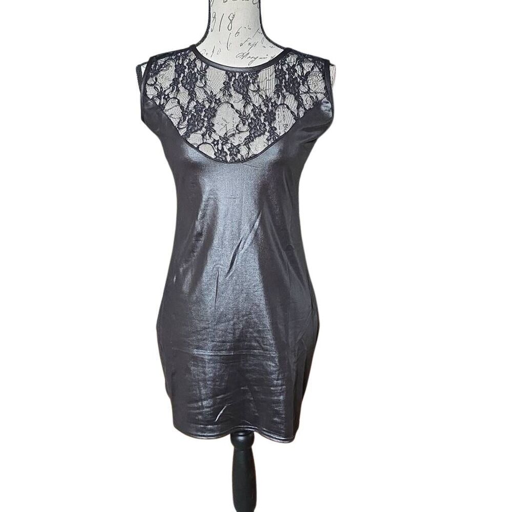 Women's Size XL Black Lace Satin Back Ruched Mini Dress